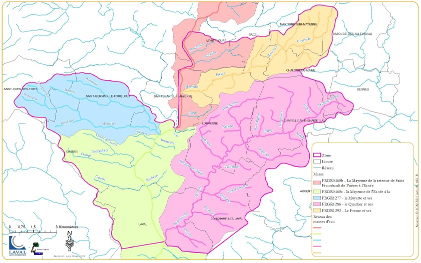 Carte des masses d'eau du territoire amont Laval affluents